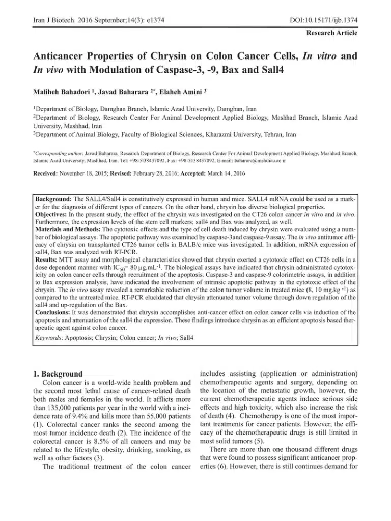 Anticancer Properties of Chrysin on Colon Cancer Cells, In vitro and In vivo with Modulation of Caspase-3, -9, Bax and Sall4 1 Anticancer Properties of Chrysin on Colon Cancer Cells, In vitro and In vivo with Modulation of Caspase-3, -9, Bax and Sall4