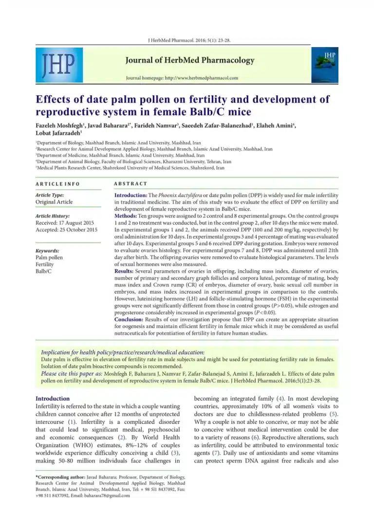 Effects of date palm pollen on fertility and development of reproductive system in female Balb/C mice