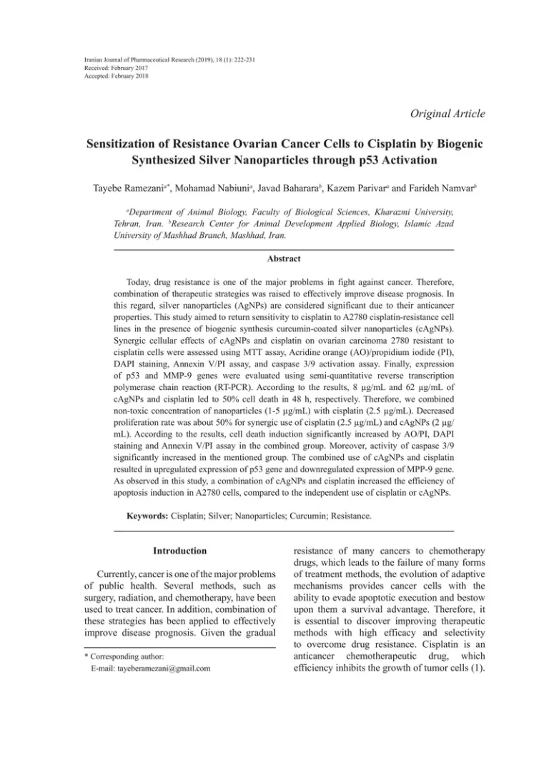 Sensitization of Resistance Ovarian Cancer Cells to Cisplatin by Biogenic Synthesized Silver Nanoparticles through p53 Activation