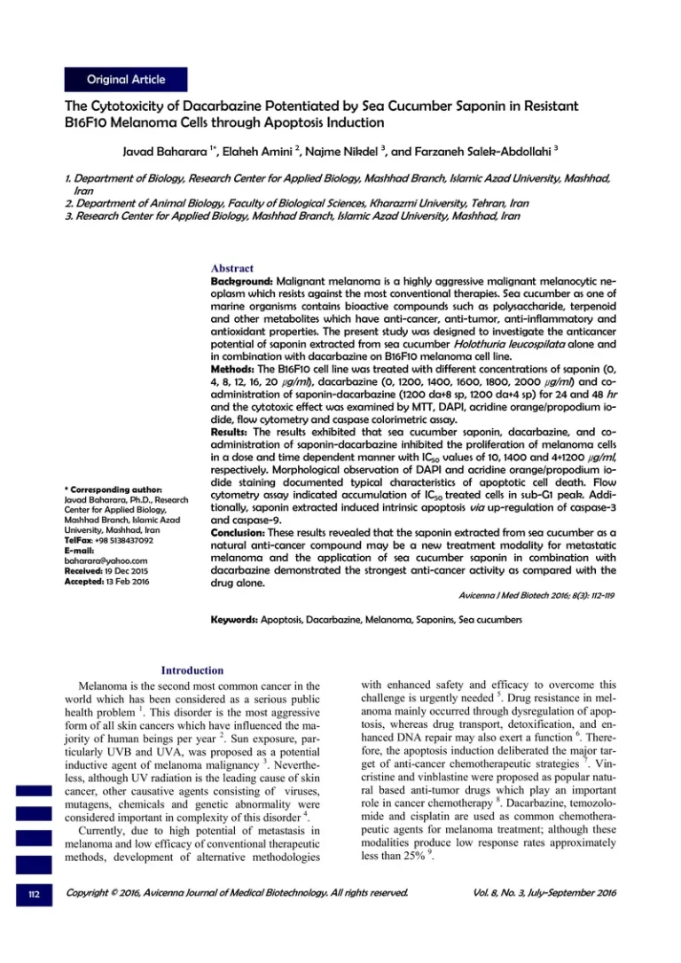 The Cytotoxicity of Dacarbazine Potentiated by Sea Cucumber Saponin in Resistant B16F10 Melanoma Cells through Apoptosis Induction