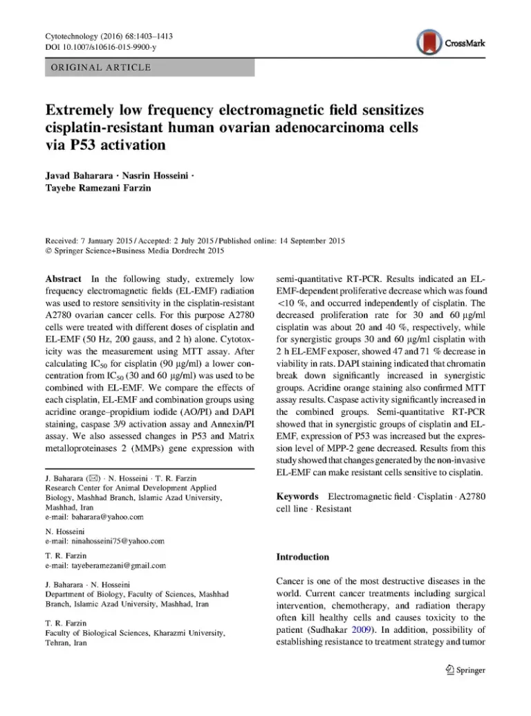 Extremely low frequency electromagnetic field sensitizes cisplatin-resistant human ovarian adenocarcinoma cells via P53 activation