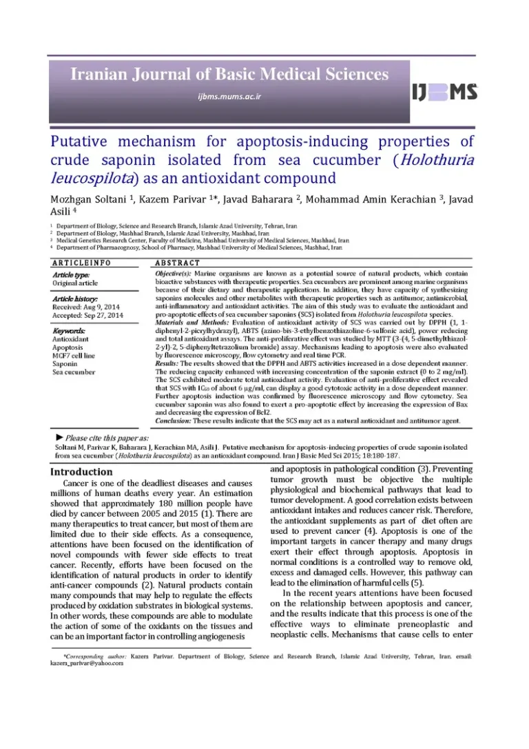 Putative mechanism for apoptosis-inducing properties of crude saponin isolated from sea cucumber (Holothuria leucospilota) as an antioxidant compound