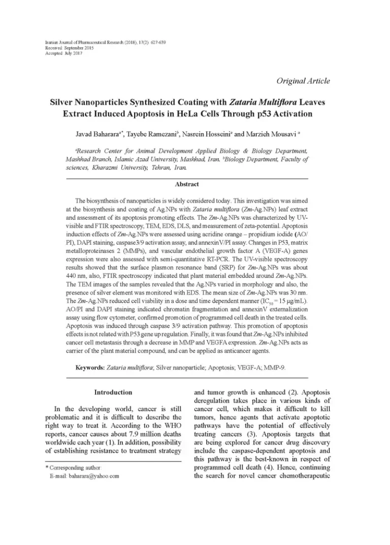 Silver Nanoparticles Synthesized Coating with Zataria Multiflora Leaves Extract Induced Apoptosis in HeLa Cells Through p53 Activation