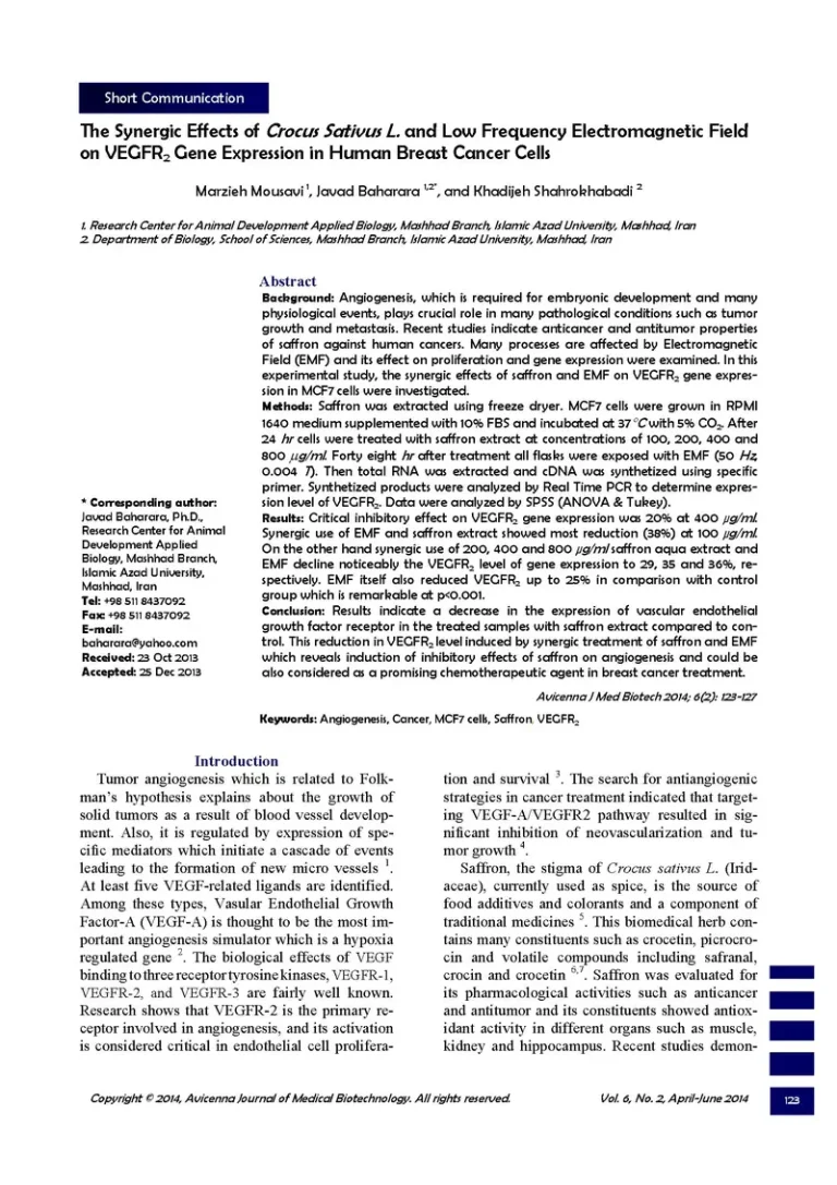 The Synergic Effects of Crocus Sativus L. and Low Frequency Electromagnetic Field on VEGFR Gene Expression in Human Breast Cancer Cells 1 The Synergic Effects of Crocus Sativus L. and Low Frequency Electromagnetic Field on VEGFR2 Gene Expression in Human Breast Cancer Cells