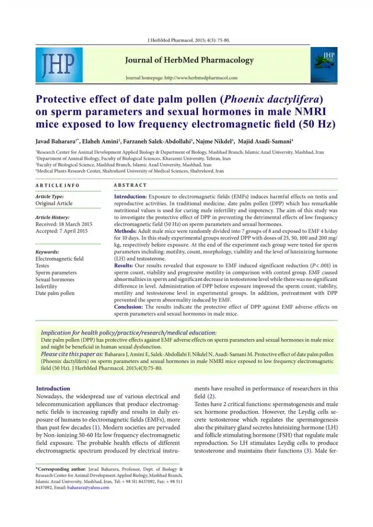 Protective effect of date palm pollen (Phoenix dactylifera) on sperm parameters and sexual hormones in male NMRI mice exposed to low frequency electromagnetic field (50 Hz)