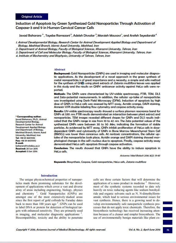Induction of Apoptosis by Green Synthesized Gold Nanoparticles Through Activation of Caspase-3 and 9 in Human Cervical Cancer Cells