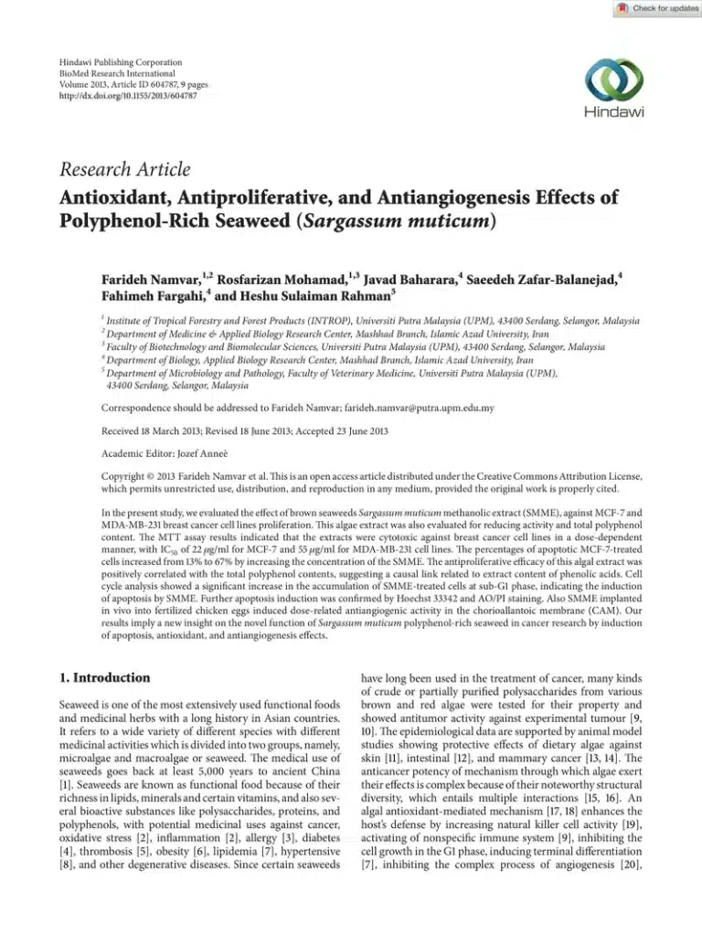 Antioxidant, Antiproliferative, and Antiangiogenesis Effects of Polyphenol-Rich Seaweed (Sargassum muticum) 1 Antioxidant, Antiproliferative, and Antiangiogenesis Effects of Polyphenol-Rich Seaweed (Sargassum muticum)