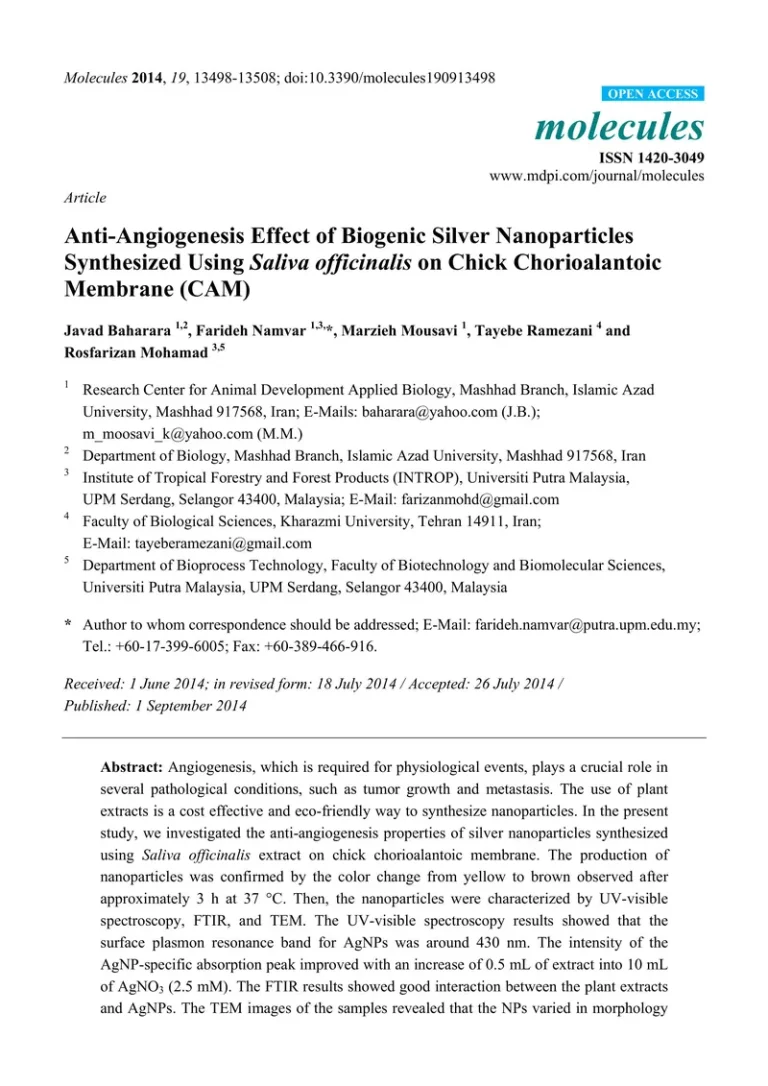 Anti-Angiogenesis Effect of Biogenic Silver Nanoparticles Synthesized Using Saliva officinalis on Chick Chorioalantoic Membrane (CAM)