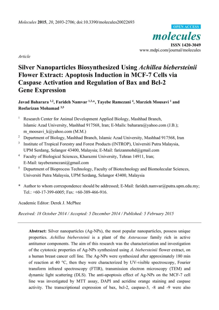 Silver Nanoparticles Biosynthesized Using Achillea biebersteinii Flower Extract: Apoptosis Induction in MCF-7 Cells via Caspase Activation and Regulation of Bax and Bcl-2 Gene Expression 1 Silver Nanoparticles Biosynthesized Using Achillea biebersteinii Flower Extract: Apoptosis Induction in MCF-7 Cells via Caspase Activation and Regulation of Bax and Bcl-2 Gene Expression