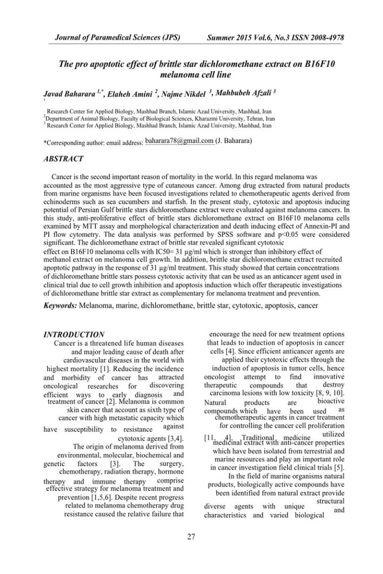 The pro apoptotic effect of brittle star dichloromethane extract on B16F10 melanoma cell line