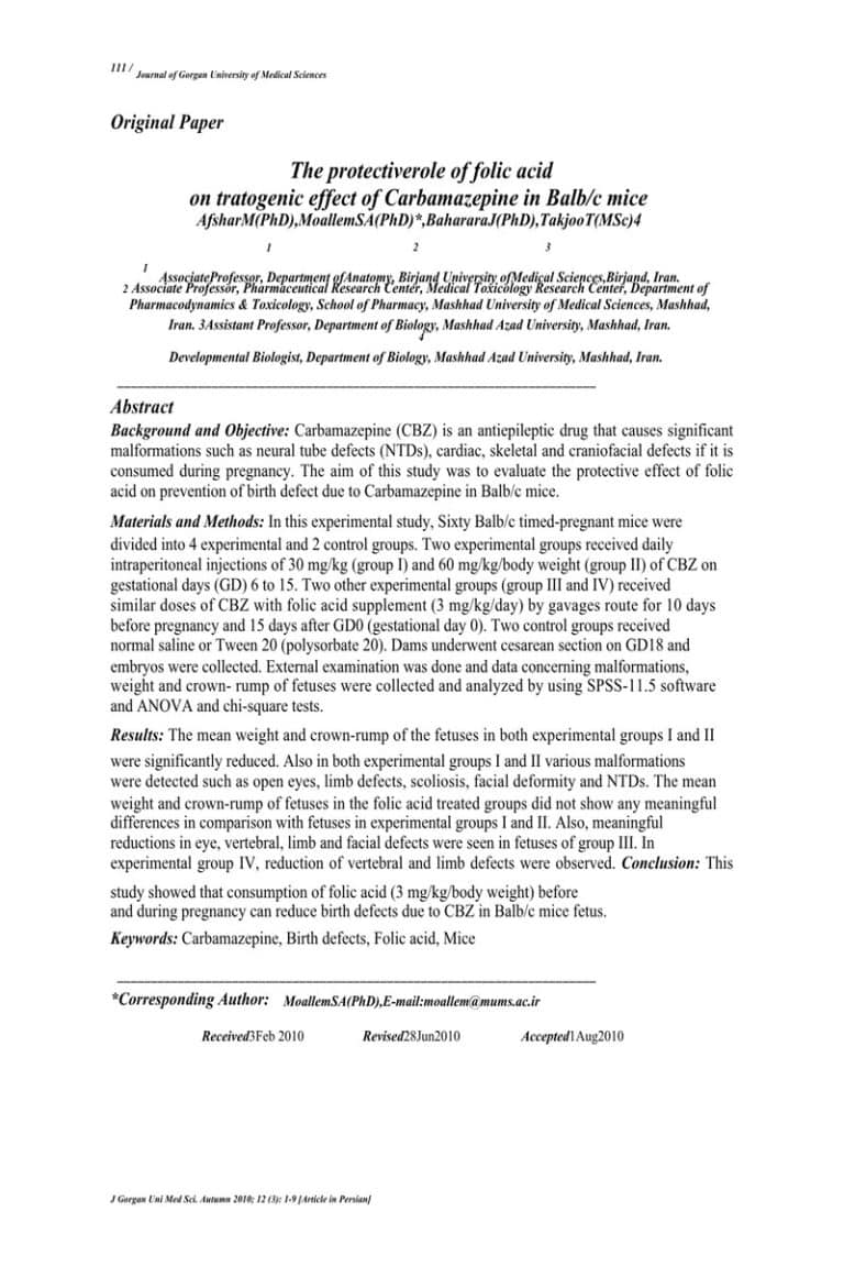 The protective role of folic acid on tratogenic effect of Carbamazepine in Balb/c mice