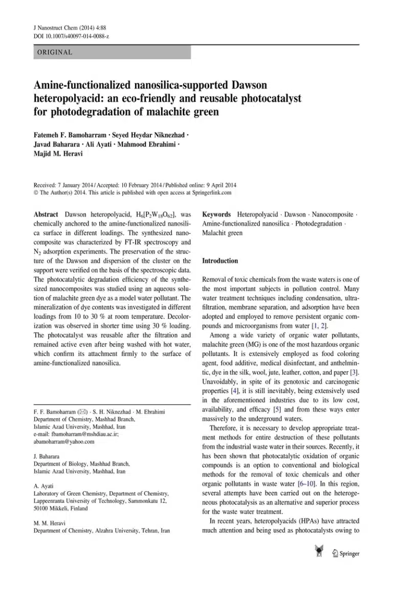 Amine-functionalized nanosilica-supported Dawson heteropolyacid: an eco-friendly and reusable photocatalyst for photodegradation of malachite green