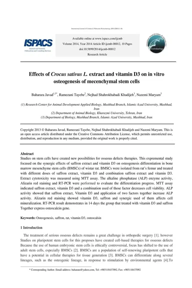 Effects of Crocus sativus L. extract and vitamin D3 on in vitro osteogenesis of mecenchymal stem cells