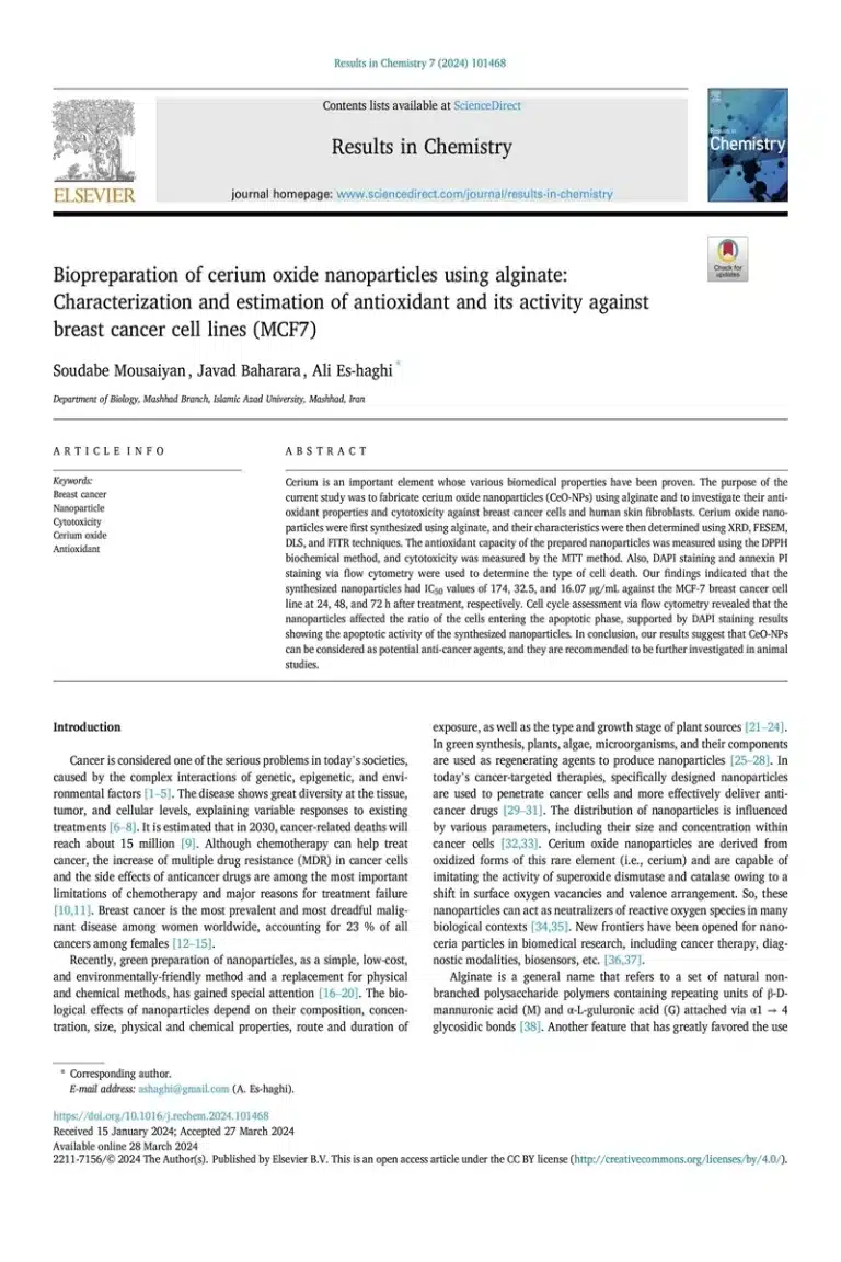Biopreparation of cerium oxide nanoparticles using alginate: Characterization and estimation of antioxidant and its activity against breast cancer cell lines (MCF7) 1 Biopreparation of cerium oxide nanoparticles using alginate: Characterization and estimation of antioxidant and its activity against breast cancer cell lines (MCF7)
