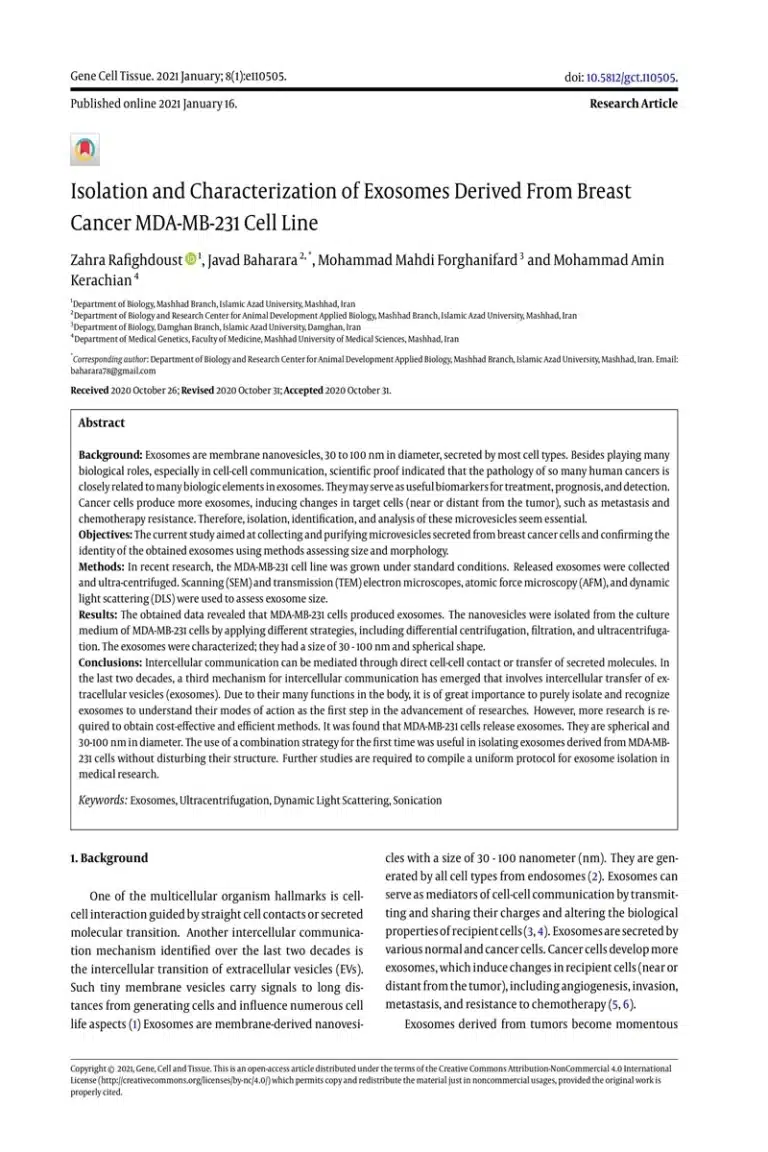 Isolation and Characterization of Exosomes Derived From Breast Cancer MDA-MB-231 Cell Line