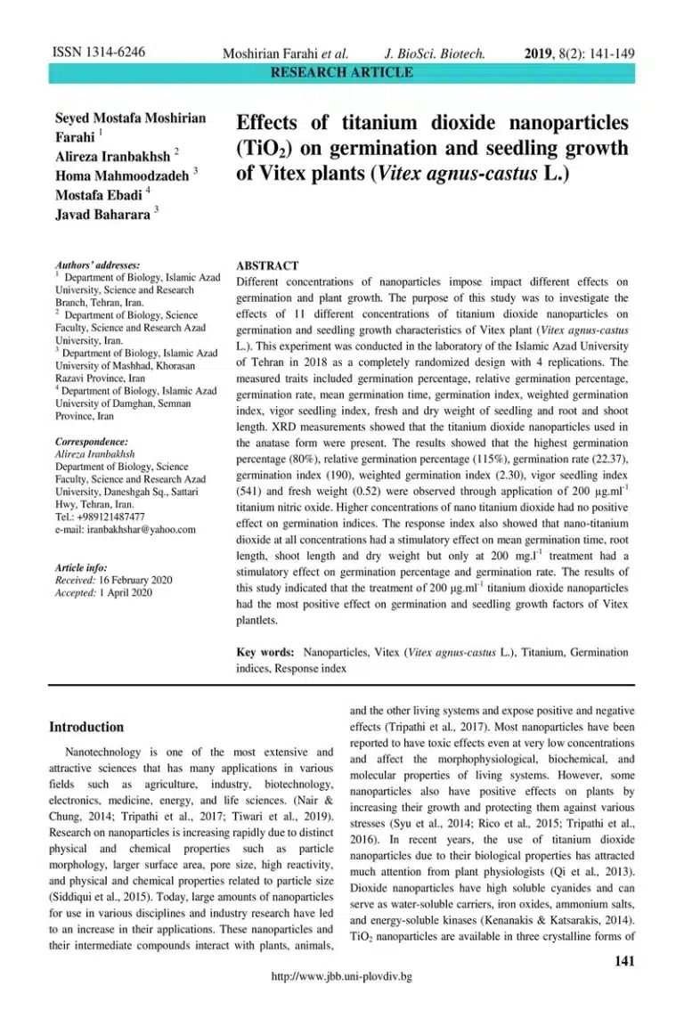 Effects of titanium dioxide nanoparticles (TiO2) on germination and seedling growth of Vitex plants (Vitex agnus-castus L.)