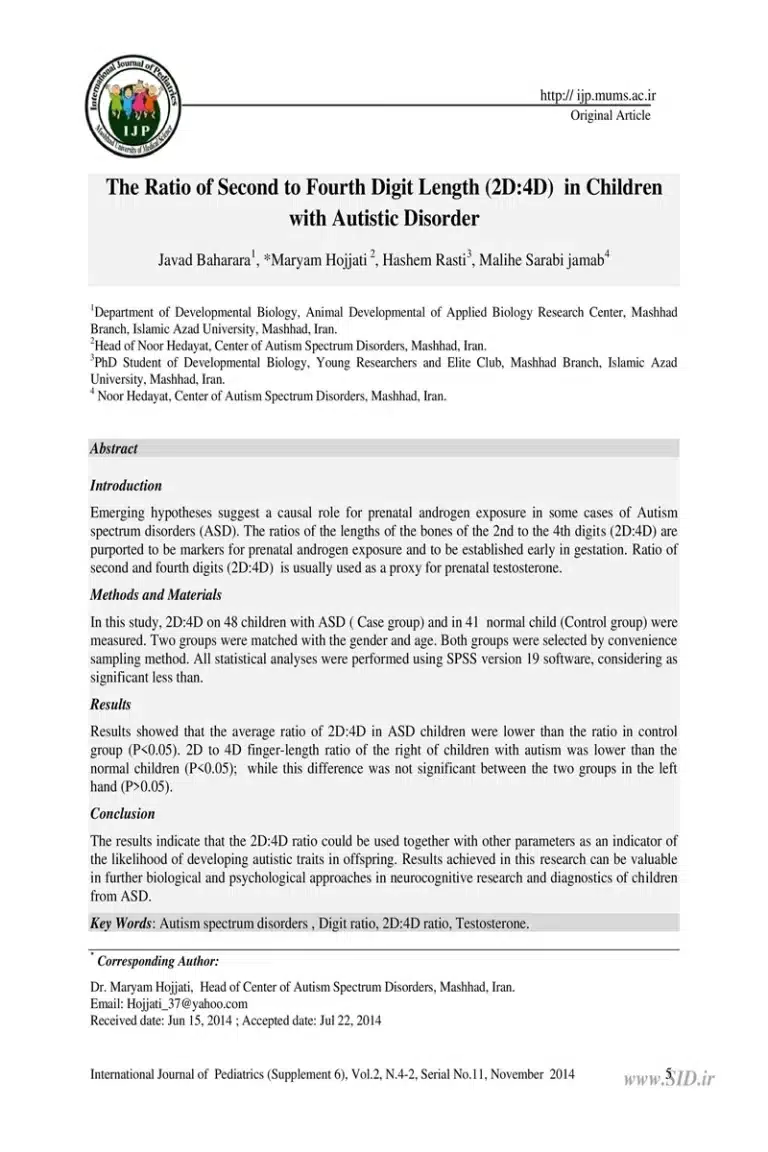 The Ratio of Second to Fourth Digit Length (2D:4D) in Children with Autistic Disorder 1 The Ratio of Second to Fourth Digit Length (2D:4D) in Children with Autistic Disorder